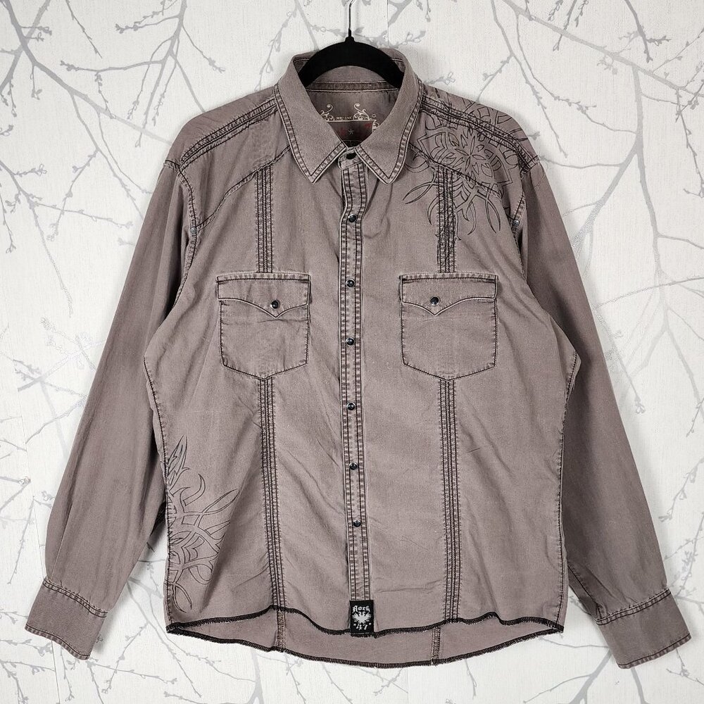 Wrangler Rock 47 Beige Taupe Artsy Printed Pearl Snap Western Shirt